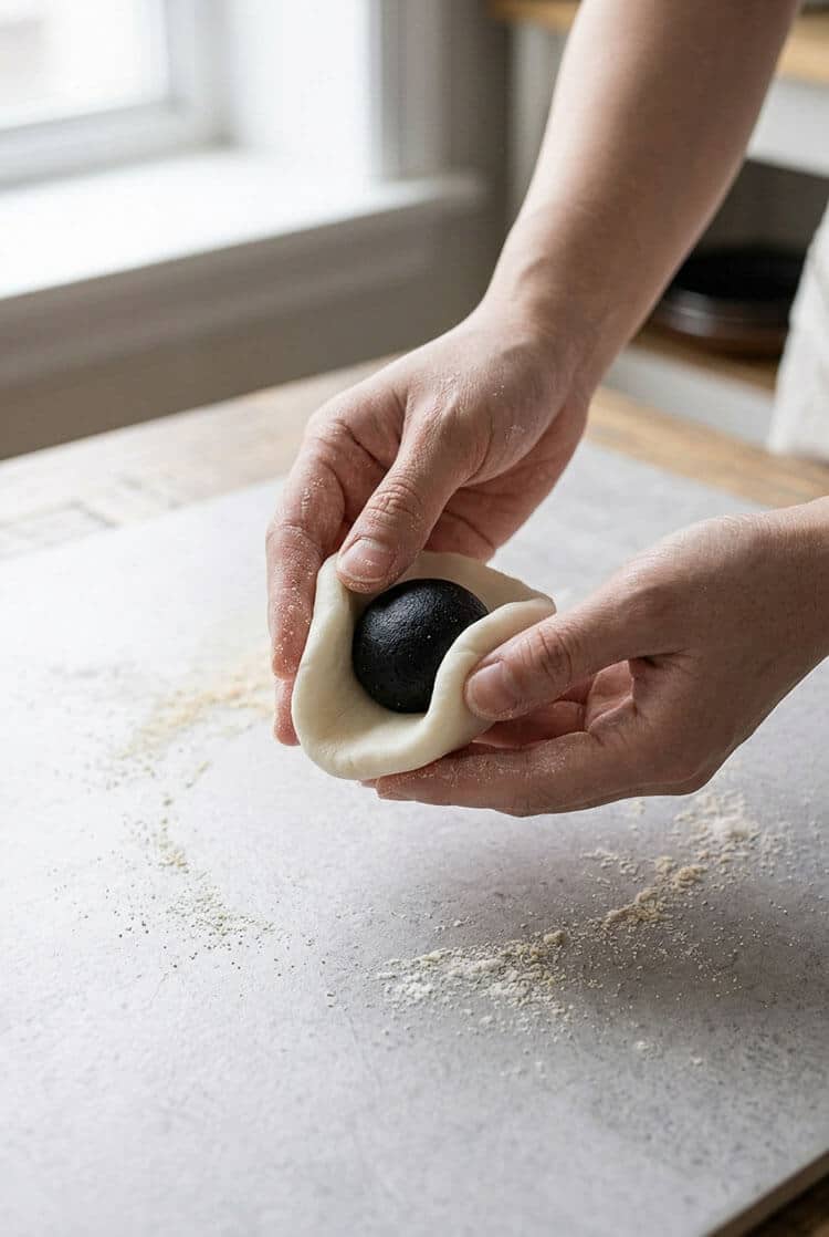 Hands wrapping a chilled shiny black sesame paste ball into a flattened round disc of white snow skin dough