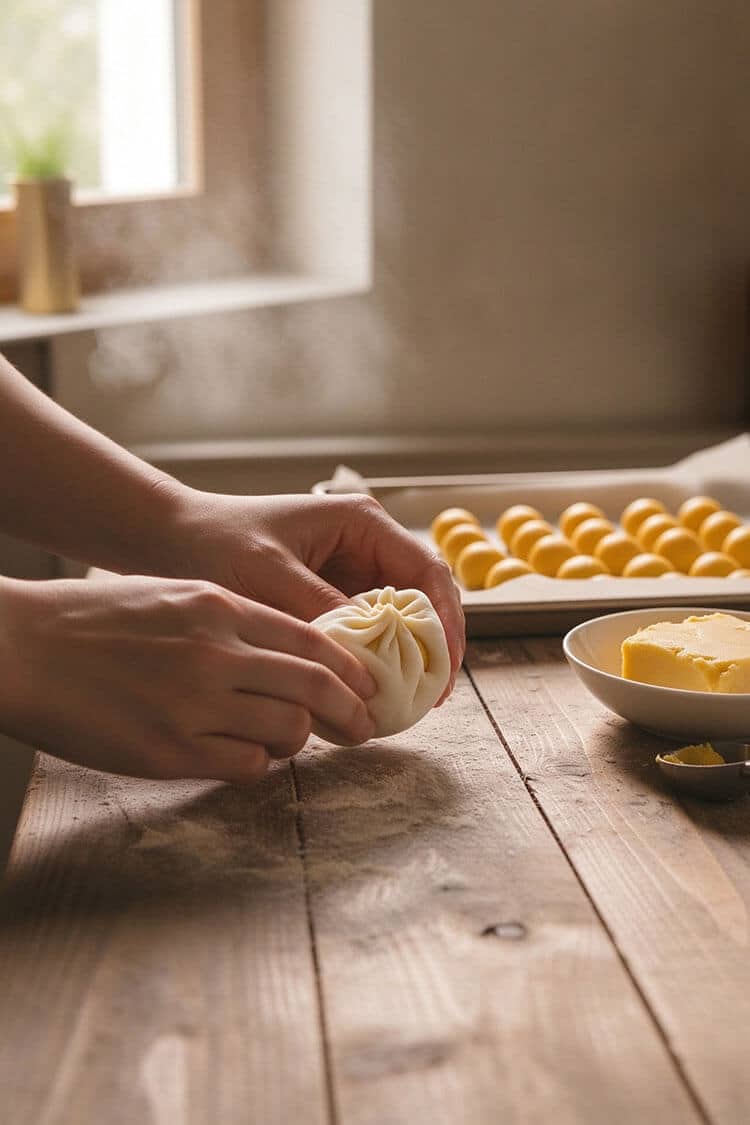 Hands pleating and sealing soft white snowskin dough around a frozen yellow custard core on a rustic floured wooden tabletop