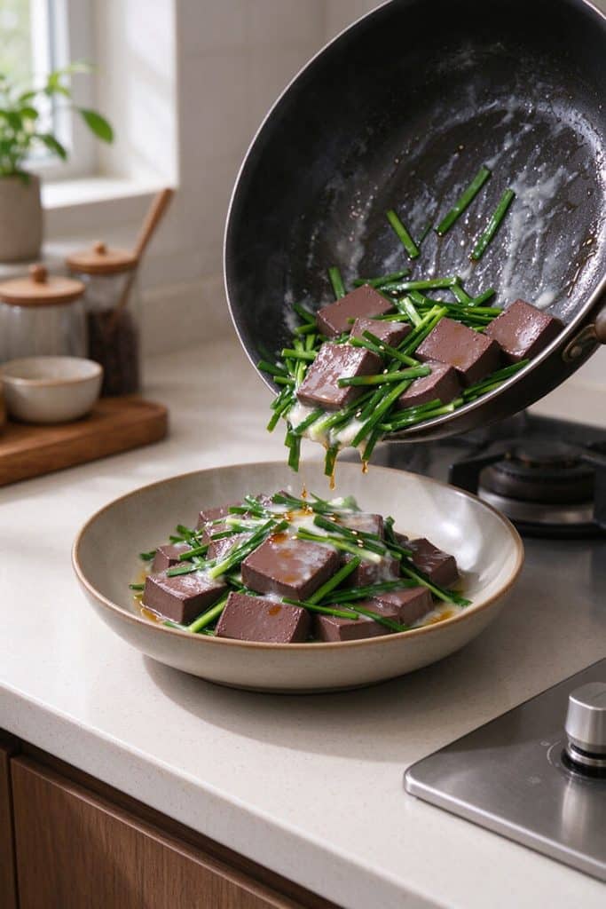 Sliding freshly stir-fried pork blood curd and chives from a tilted wok onto a shallow serving plate.