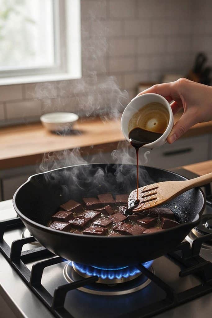 Pouring savory soy and oyster sauce from a small bowl over searing pork blood curd in a smoking wok.