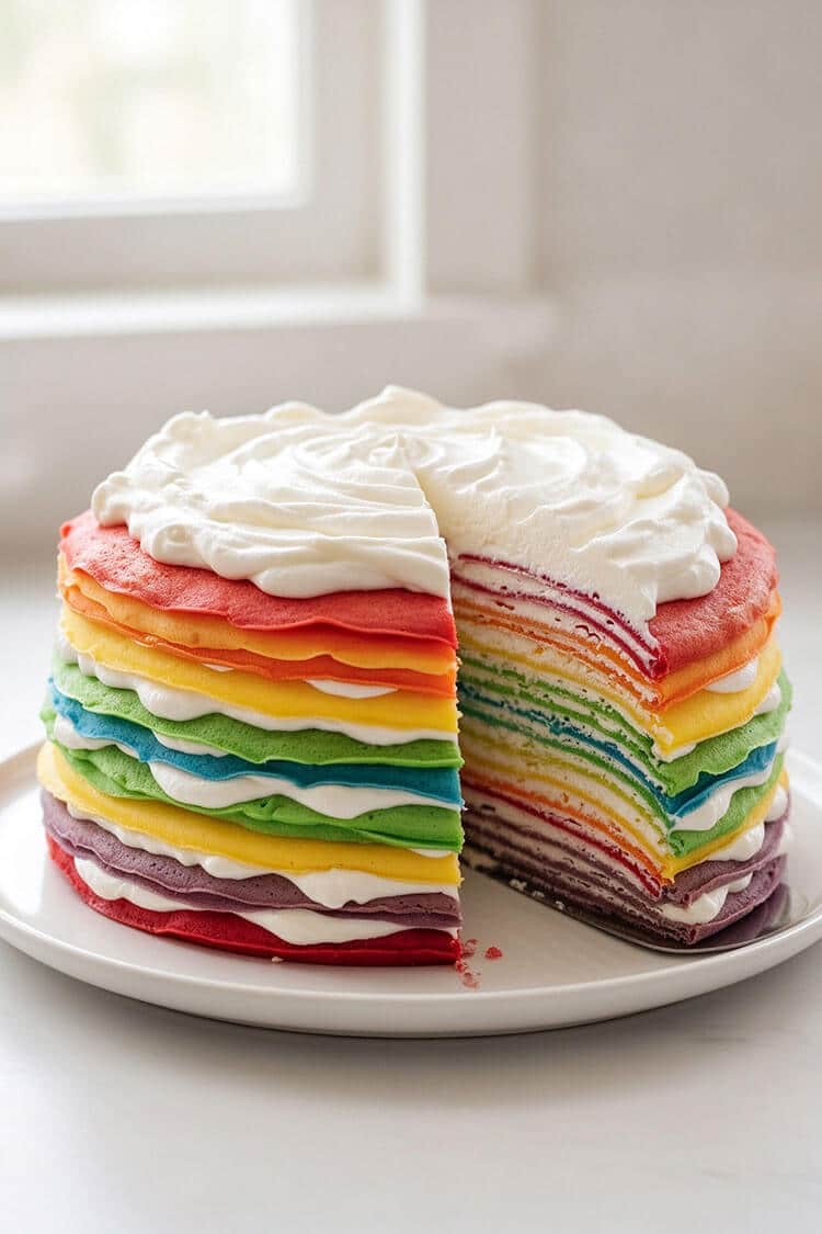 A vibrant multi-layered rainbow mille crepe cake with a slice cut out on a white ceramic plate, showing delicate red, orange, yellow, green, blue, and purple crepe layers filled with fluffy whipped cream and cloud-like whipped topping