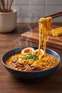 Wooden chopsticks lifting a long, stretchy pull of melted cheddar cheese and ramen noodles from a steaming bowl topped with shredded pork neck, jammy ramen egg, and green onions
