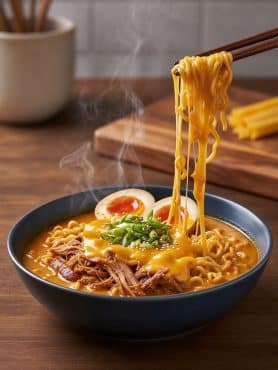 Wooden chopsticks lifting a long, stretchy pull of melted cheddar cheese and ramen noodles from a steaming bowl topped with shredded pork neck, jammy ramen egg, and green onions