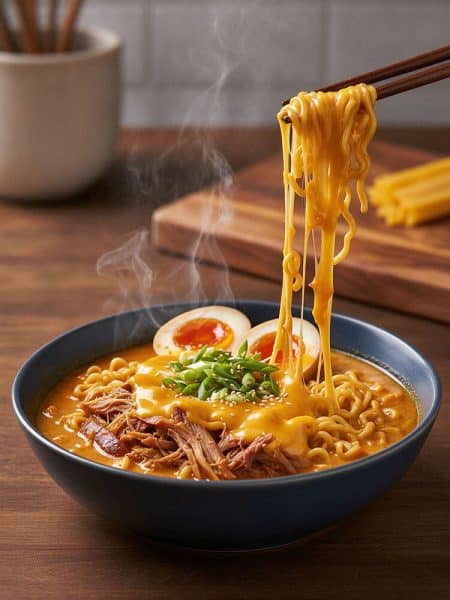 Wooden chopsticks lifting a long, stretchy pull of melted cheddar cheese and ramen noodles from a steaming bowl topped with shredded pork neck, jammy ramen egg, and green onions