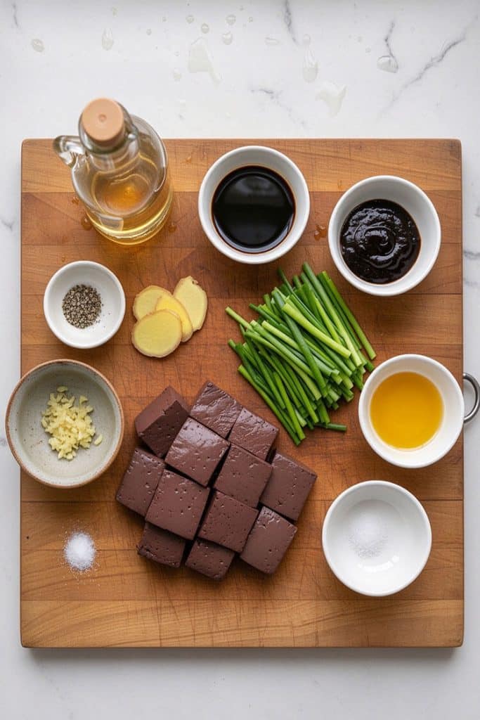 Flat lay of ingredients for tender pork blood curd with Chinese chives including fresh blood curd cubes, garlic chives, ginger, and sauces.