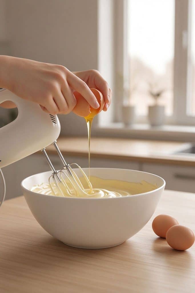 Cracking a whole egg directly into cream cheese batter with electric mixer beaters resting in a ceramic bowl.