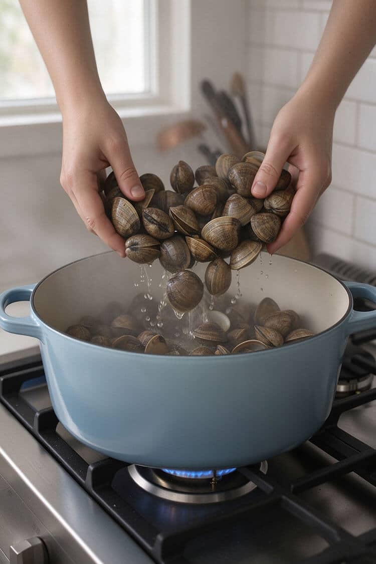 Hands dropping clean scrubbed whole clams into a steaming pot of simmering white wine and garlic broth on a gas burner