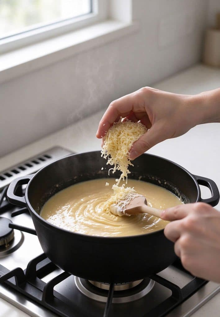Adding handfuls of grated cheese into simmering liquid while stirring slowly with a wooden spatula in a cast-iron pot.