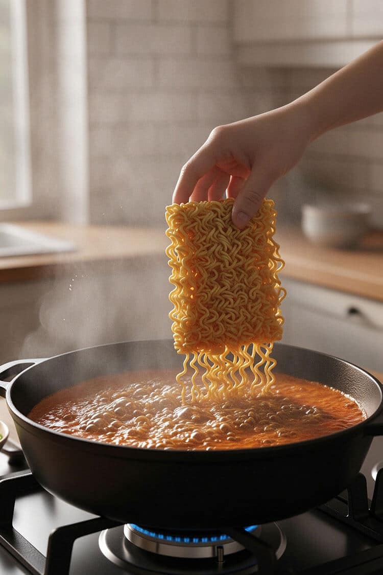 A hand dropping a square brick of wavy instant ramen noodles into a pot of bubbling red soup over a gas flame