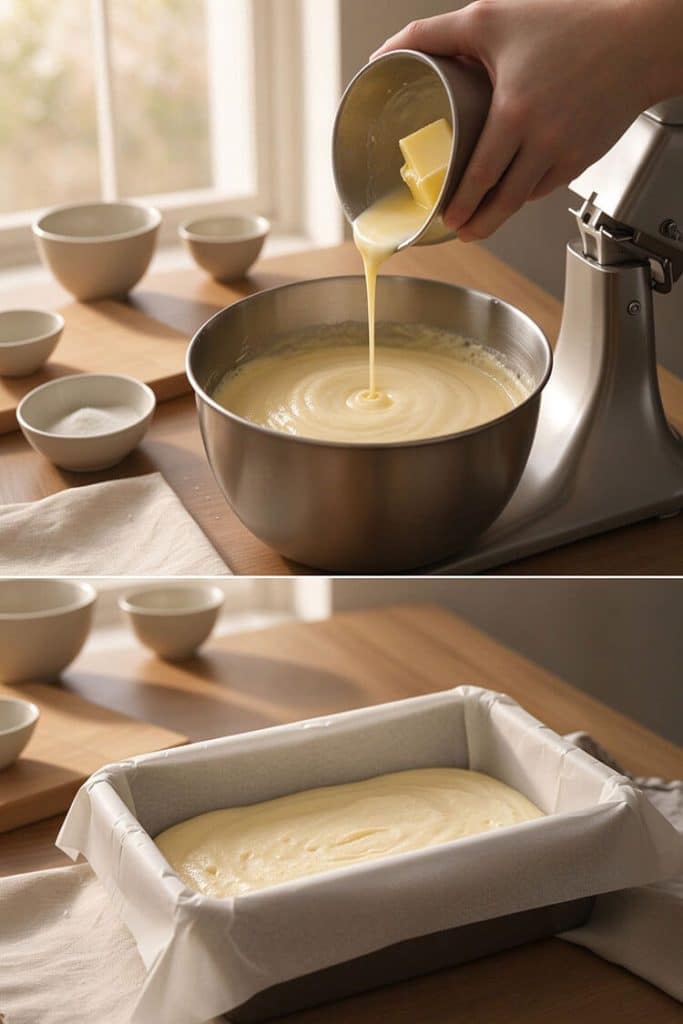 Pouring melted butter and warm milk down the side of the mixing bowl and smoothing batter in a parchment-lined 9x13 inch baking pan.