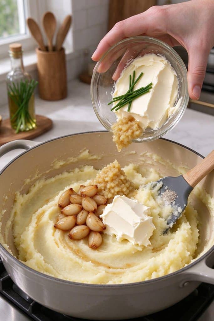 Adding roasted garlic cloves, cream cheese block, and chives from a glass bowl into mashed potatoes in a pan.