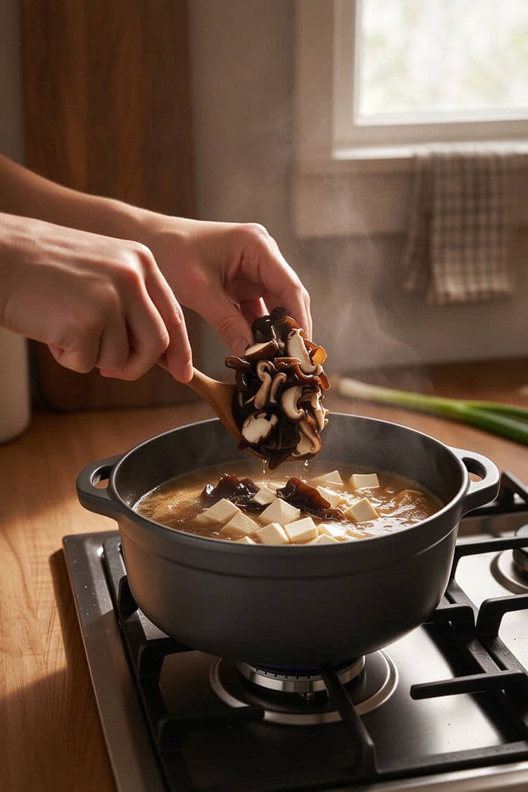 Hands using a wooden spoon to add sliced shiitake and wood ear mushrooms into a pot of simmering broth with diced silken tofu