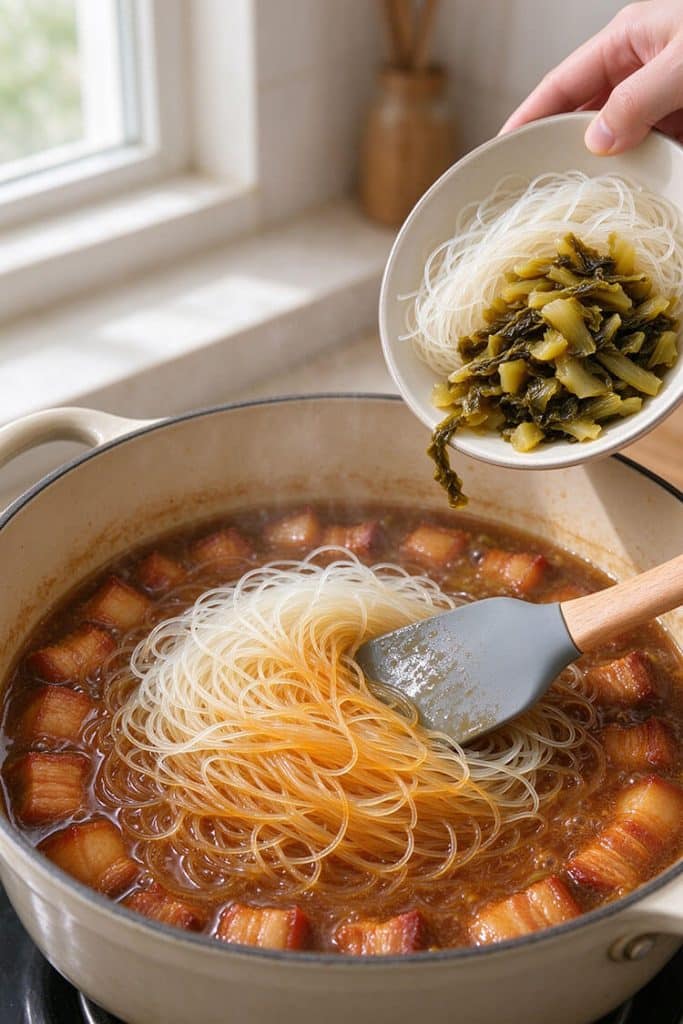 Adding soaked rice vermicelli and chopped pickled mustard greens from a white bowl into simmering pork braise.