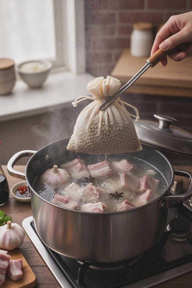 Metal tongs lowering a tied cotton spice pouch filled with herbs and peppercorns into a stainless pot filled with blanched ribs, garlic head, and star anise