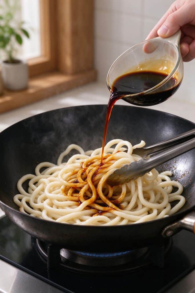 Pouring dark soy and mirin sauce from a glass pitcher over white udon noodles in a hot wok pan.