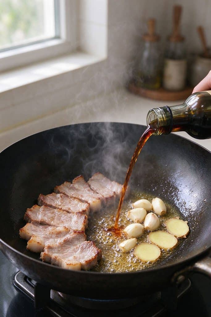 Pouring Shaoxing wine from a bottle into a wok over sizzling whole garlic cloves and sliced ginger beside seared pork.