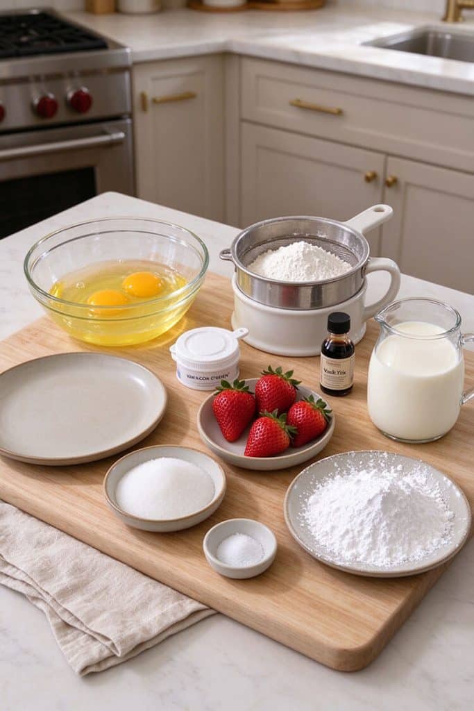 Overhead flat lay of angel food cake ingredients including egg whites, cake flour, granulated sugar, cream of tartar, vanilla extract, and fresh strawberries.