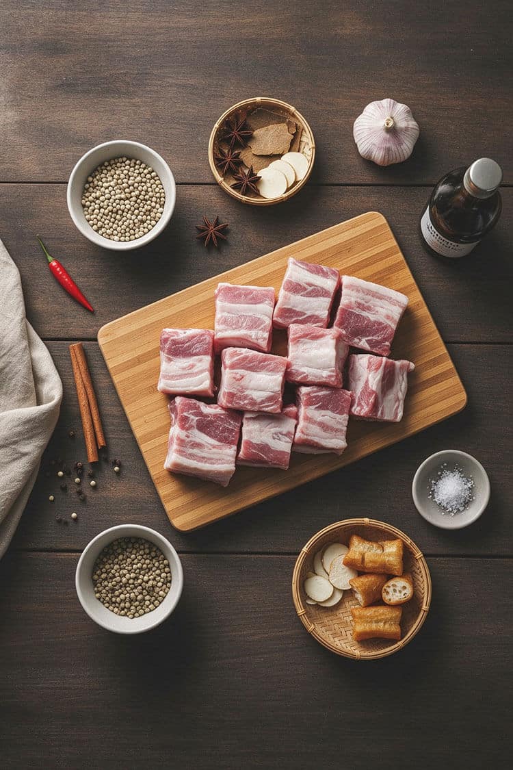 Overhead flatlay view of fresh cut pork spare ribs on a wooden cutting board, whole garlic head, white peppercorns in bowls, star anise, cinnamon stick, dang gui, yu zhu, soy sauce, youtiao, and salt