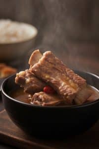 A hearty black bowl of steaming authentic Bak Kut Teh pork rib soup with tender meat on the bone, goji berries, and rich peppery broth on a wooden board