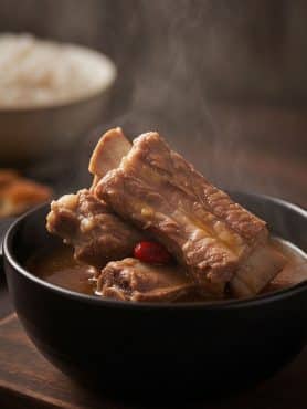 A hearty black bowl of steaming authentic Bak Kut Teh pork rib soup with tender meat on the bone, goji berries, and rich peppery broth on a wooden board