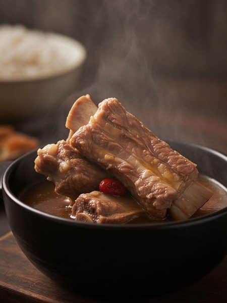 A hearty black bowl of steaming authentic Bak Kut Teh pork rib soup with tender meat on the bone, goji berries, and rich peppery broth on a wooden board