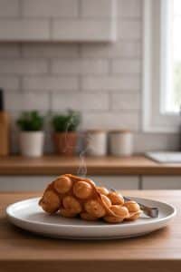 Steaming hot golden Hong Kong egg waffle curved on a white ceramic plate next to stainless steel tongs.