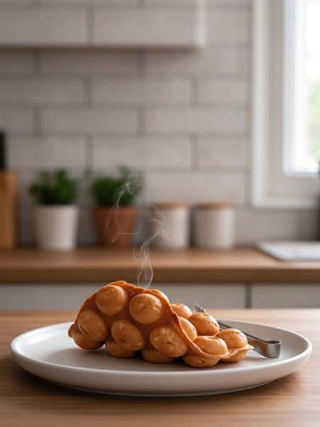 Steaming hot golden Hong Kong egg waffle curved on a white ceramic plate next to stainless steel tongs.
