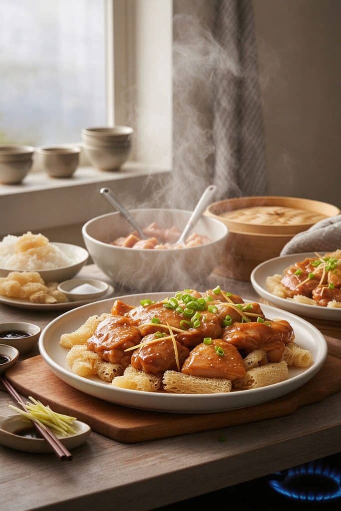Steaming hot plate of Cantonese steamed chicken with fish maw garnished with julienned ginger and green onions, served with jasmine rice.