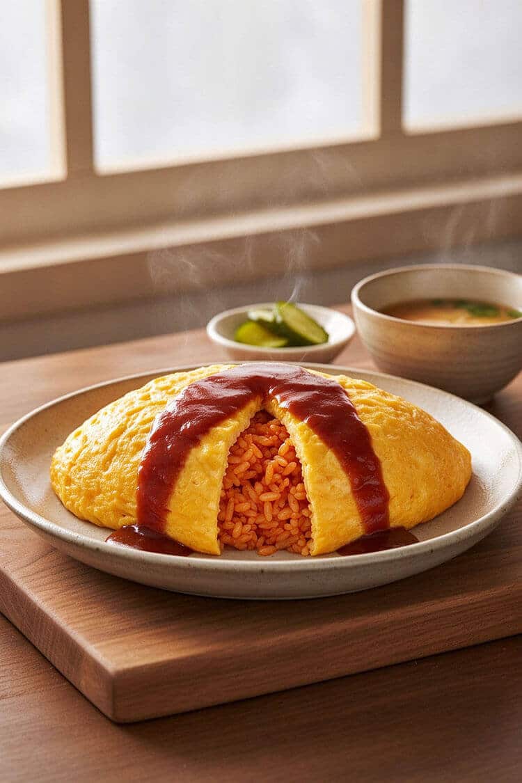 A steaming, soft Japanese omurice split down the middle revealing red ketchup fried rice, coated in rich brown sauce, served with miso soup and pickled cucumber on a wooden board