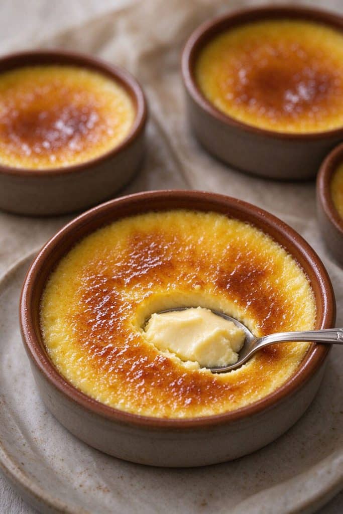 Traditional Spanish Crema Catalana served in rustic ceramic ramekins with a cracked caramelized sugar crust and silver spoon.