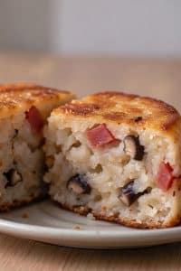 Close-up cross section of a sliced turnip cake showing juicy cooked daikon strands, tender rice flour structure, and pockets of Chinese sausage and shiitake.