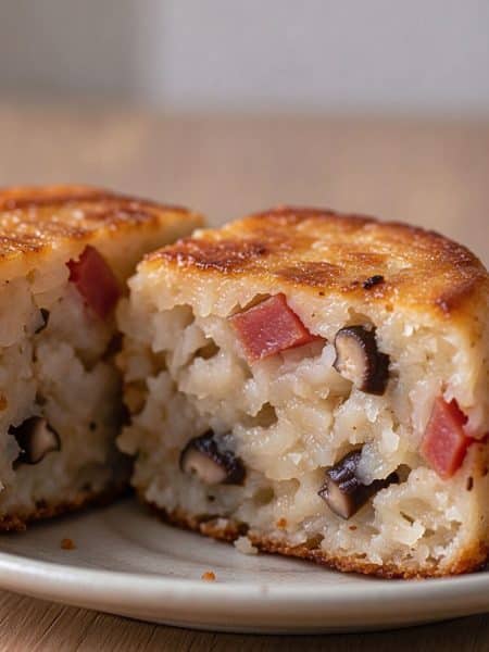 Close-up cross section of a sliced turnip cake showing juicy cooked daikon strands, tender rice flour structure, and pockets of Chinese sausage and shiitake.