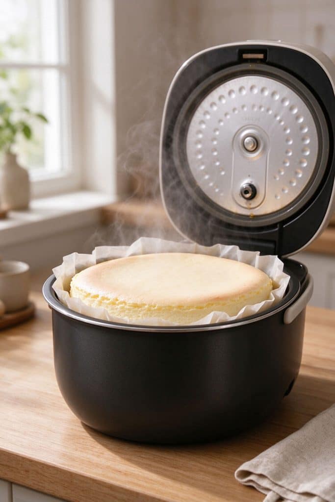 Steaming golden baked cheesecake inside an open rice cooker with white parchment paper collar.