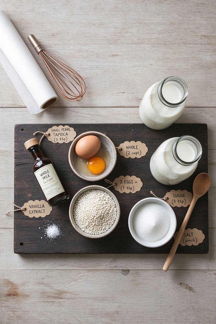 Overhead flat lay of baked tapioca pudding ingredients with handwritten tags including small pearl tapioca, whole milk, eggs, sugar, vanilla extract, and salt.