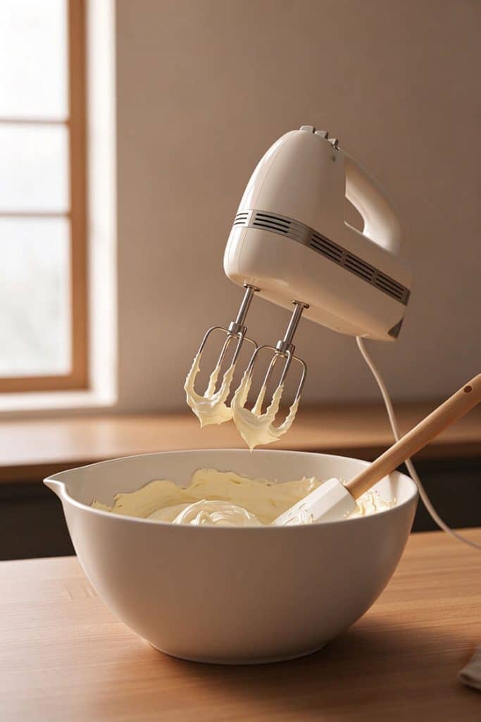 Electric hand mixer lifted above a white bowl showing smooth whipped cream cheese frosting clinging to the beaters.
