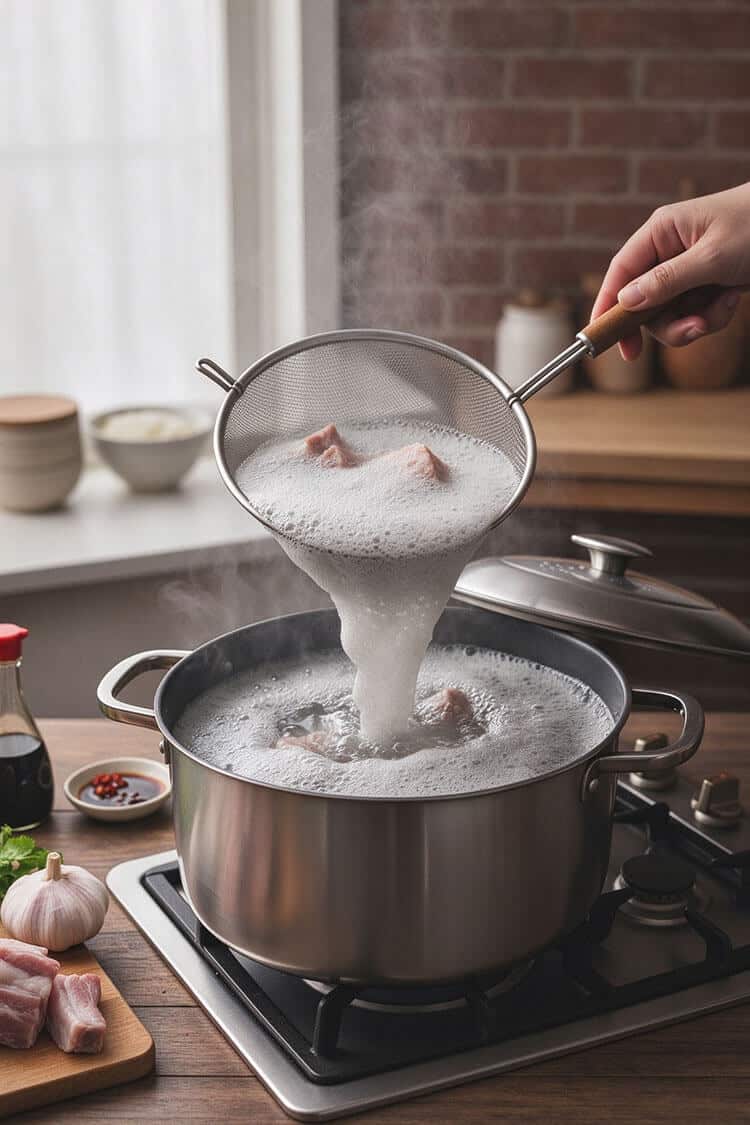 A stainless steel skimmer lifting blanched pork spare ribs out of a foaming pot of rapidly boiling water on a gas stovetop