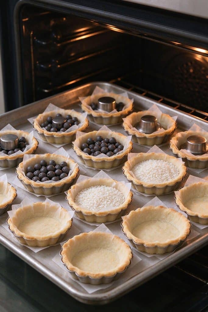 Blind baking tart shells filled with parchment paper and ceramic baking beans on a metal tray in the oven.