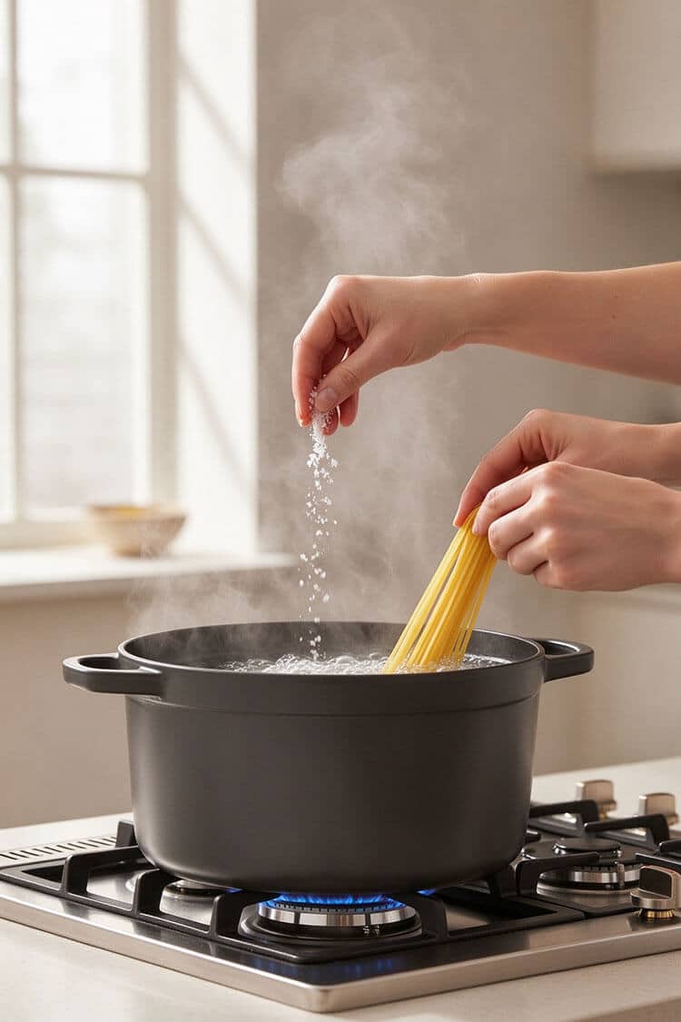 Hands dropping long spaghetti strands and sprinkling coarse sea salt into a steaming pot of boiling water on a stainless steel gas stove