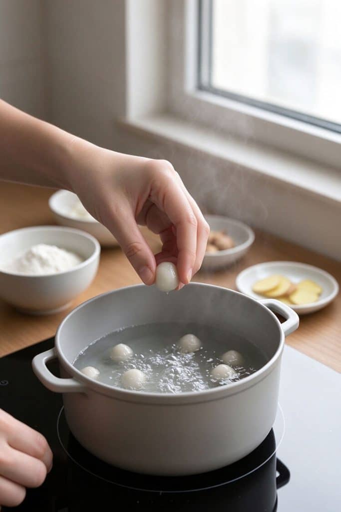 Dropping a small piece of raw glutinous rice dough into boiling water in a gray pot on a cooktop.