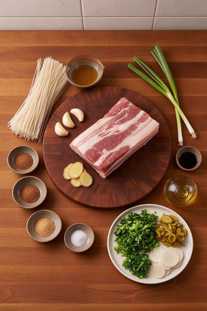 Flat lay of ingredients for braised rice vermicelli including pork belly, dried noodles, pickled mustard greens, and aromatics.