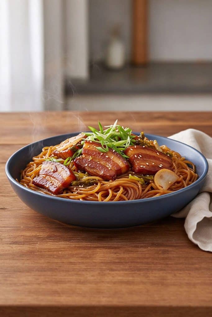 Plated braised rice vermicelli with pork and pickles topped with sliced green onions in a blue ceramic bowl.