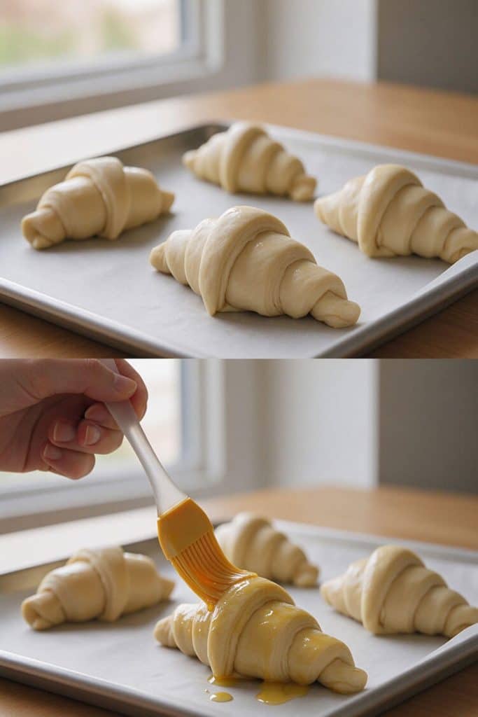 Proofed pastry dough rolls resting on a baking sheet and gently brushing egg wash over the curved top.