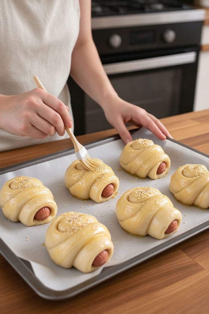 Brushing egg wash with a pastry brush over puffy proofed sausage buns topped with white sesame seeds on a baking sheet.