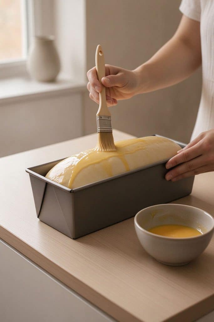 Brushing golden egg wash over the curved top of a proofed dough loaf using a soft pastry brush.