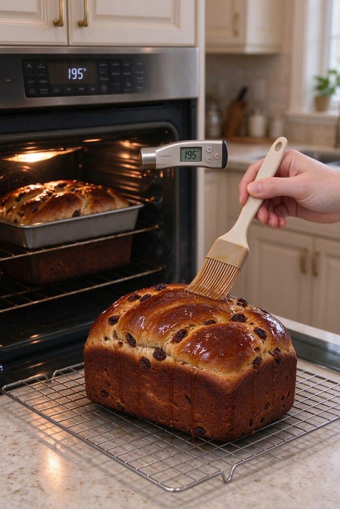 Brushing glossy malt syrup glaze over a hot mahogany baked bread loaf with a digital thermometer reading 195°F in the background.