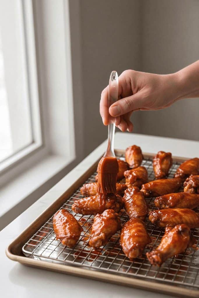 Brushing warm honey hot sauce glaze with a black silicone pastry brush onto crispy baked chicken wings on a wire baking rack.