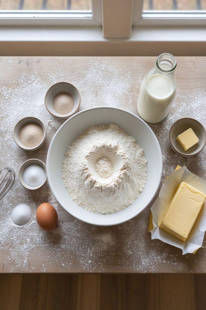 Flat lay of ingredients for butter croissants including bread flour, whole milk, active dry yeast, European butter, and eggs on a wooden counter.