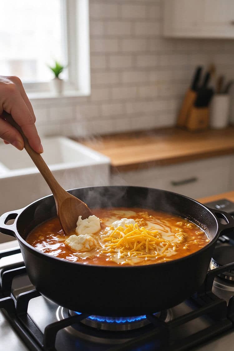 Stirring scoops of white cream cheese and shredded yellow cheddar cheese into a warm pot of red ramen broth with a wooden spoon