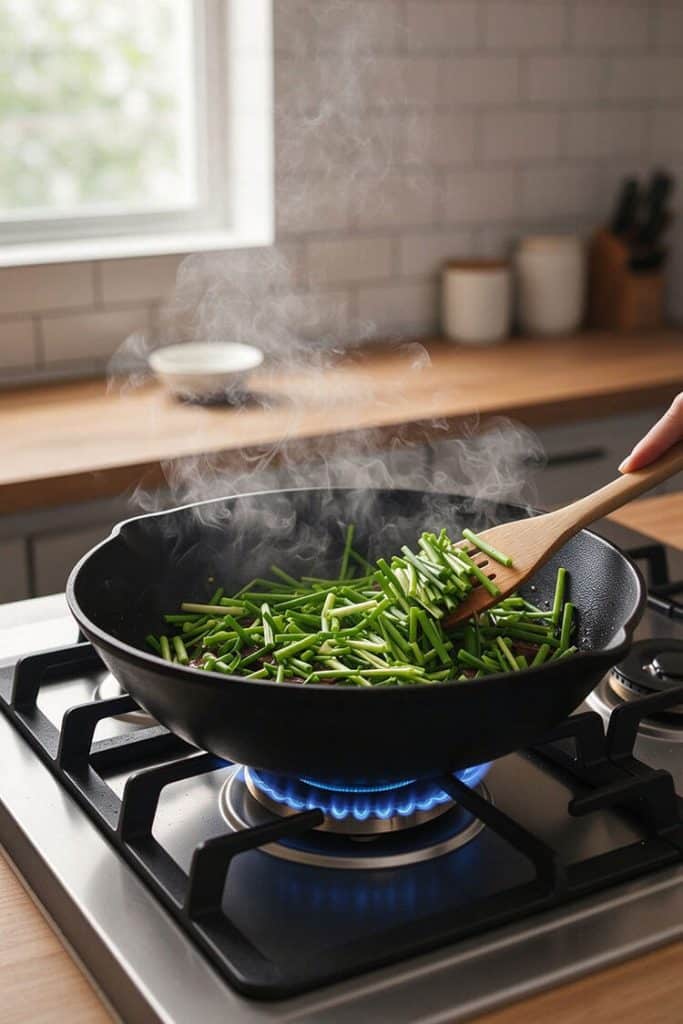 Stir-frying freshly cut Chinese chives in a smoking hot wok with a wooden spatula.