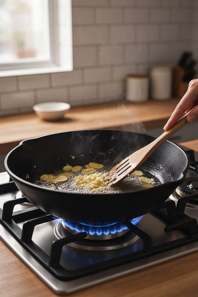 Sizzling sliced ginger and minced garlic in hot oil with a wooden spatula in a black skillet.